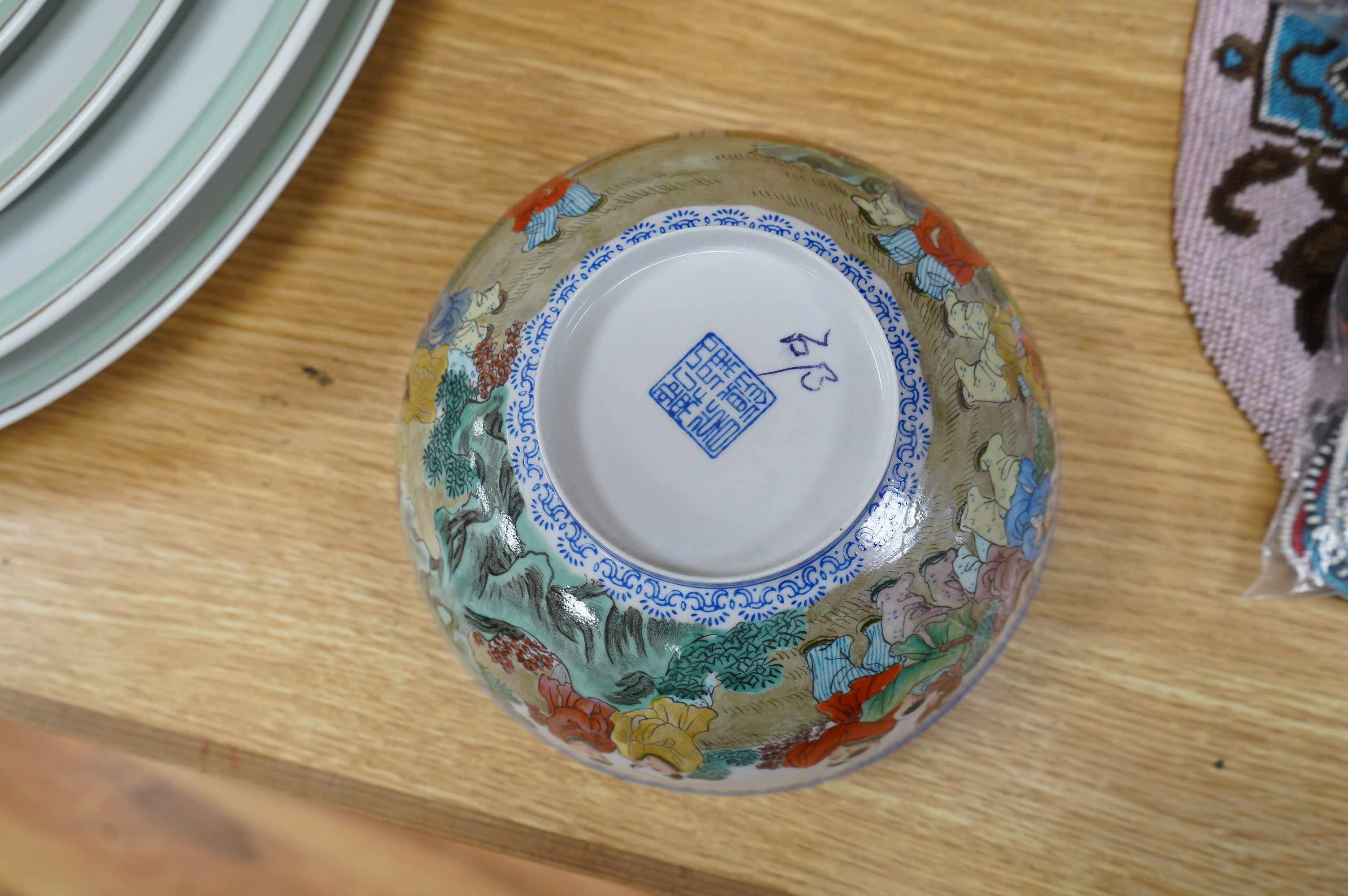 A Chinese eggshell porcelain bowl, 18cm diameter, boxed. Condition - poor, broken and partially repaired